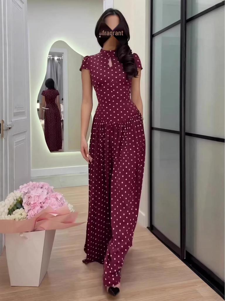 2026 Polka Dot Short Sleeve High Neck Slim Fit Elegant Long Dress for Women