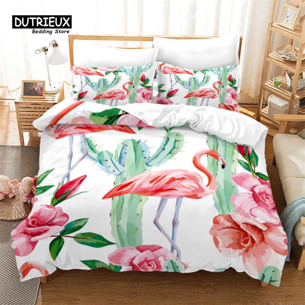 Soft Flamingo 3D Print Bedding Set Fresh Style Cartoon Animals Green Leaves Tropical Fruit Floral Duvet Cover With Pillowcases