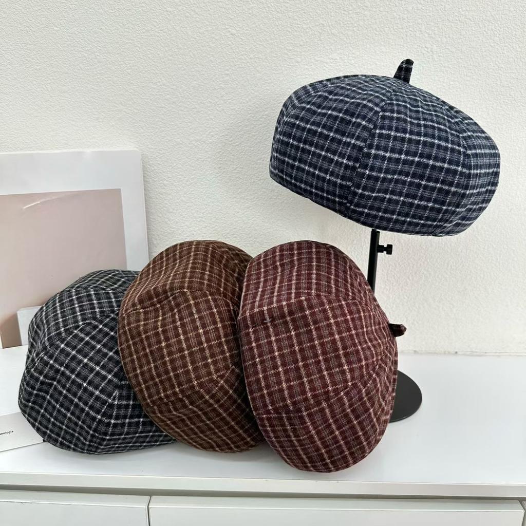 British retro plaid beret spring and autumn dome octagonal hat design sense pumpkin hat shows small face and big head circumference
