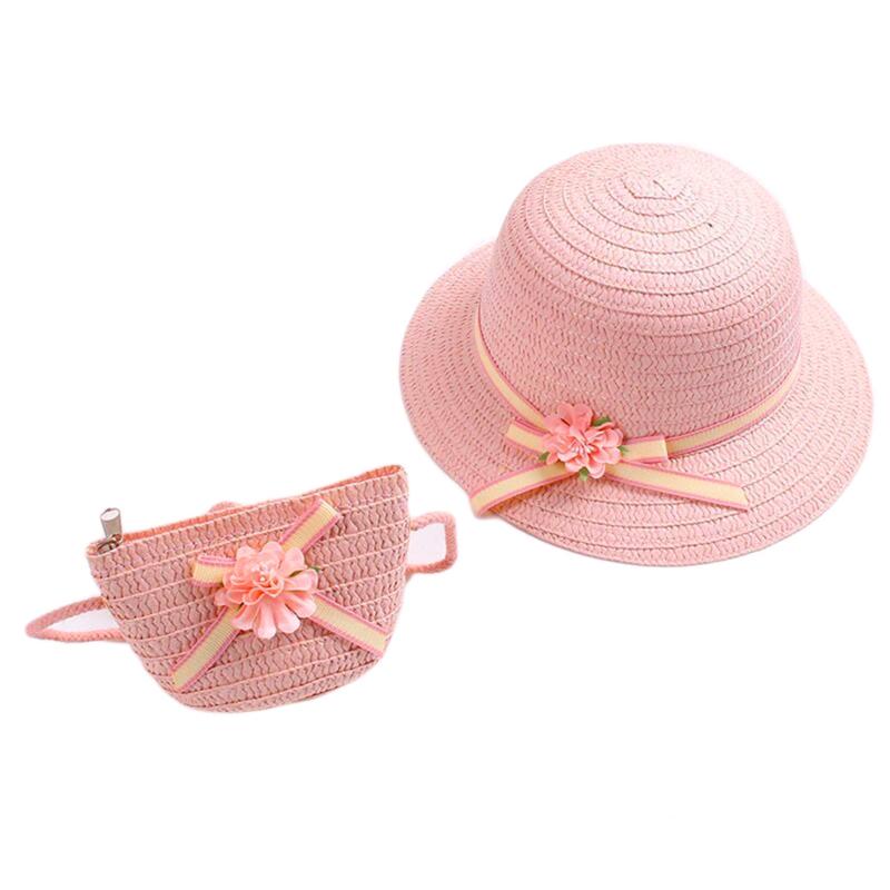 

Sun Straw Hat Kids Girls Large Wide Brim Travel Beach Cap Sweet Flower Bowknot Sun for Protection Hat with Shoul рожевий