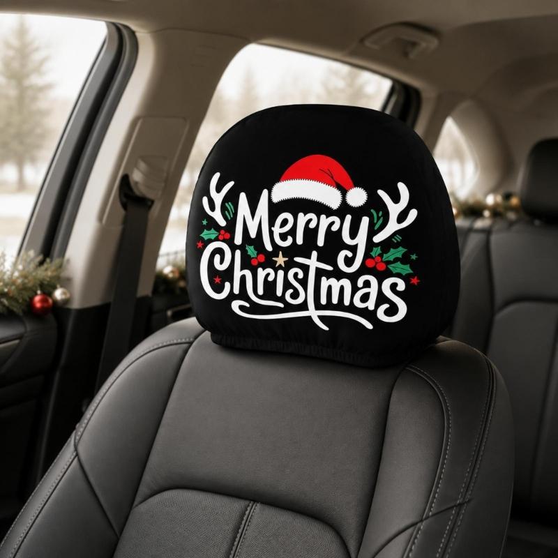 Holiday Car Headrest Cover Set, Slip On Polyester Fabric Washable for Christmas Cabin Style, Daily Driving, and Family Cars
