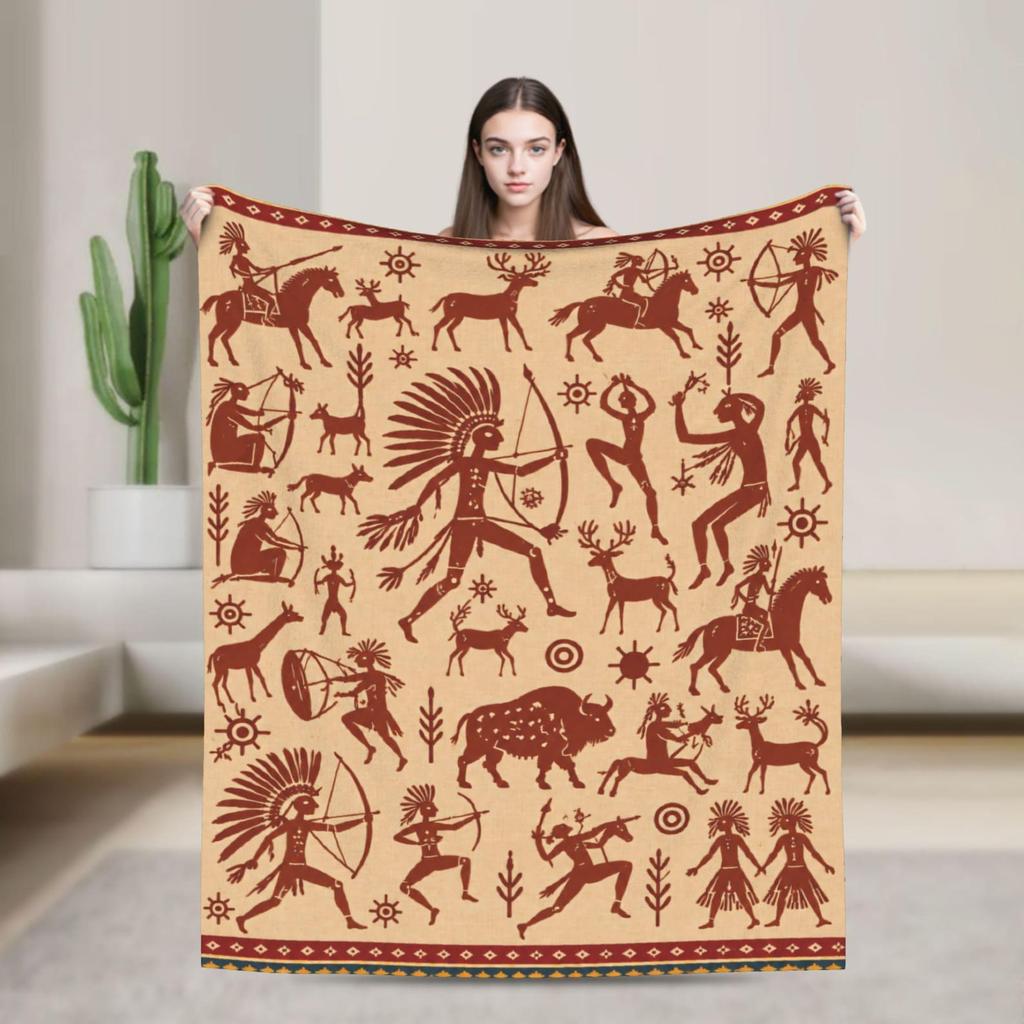 Southwestern Native Petroglyph Fleece Blanket, Boho Tribal Throw, Soft Lightweight Couch Bed Gift