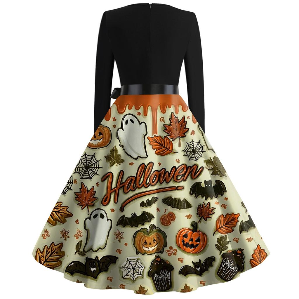 Halloween Print Flare Dress For Women Long Sleeve Dress Hollow Party Casual Dresses