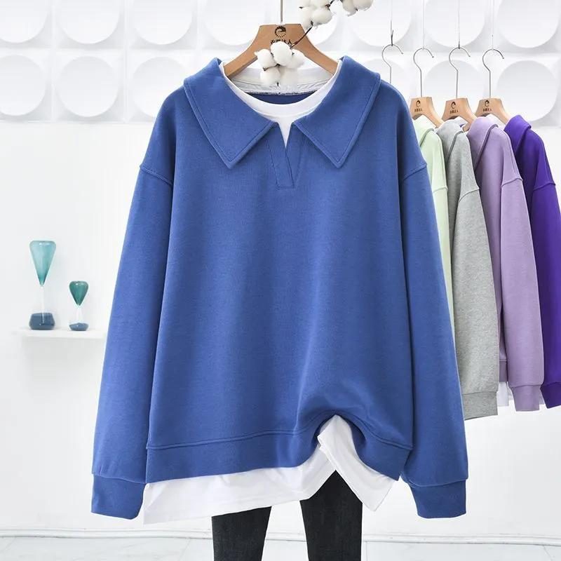 Sweatshirt for Women Pullover Long Sleeve Faux Two-Piece Oversize Solid Color Loose Casual Sweatshirt Top