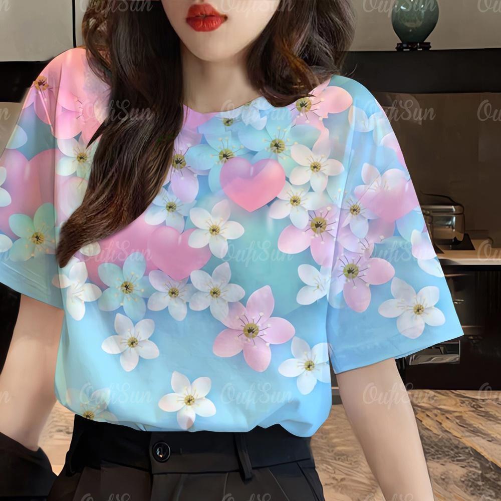 Women s Flower T-shirt Women s Clothing Summer New Top T-shirt XS