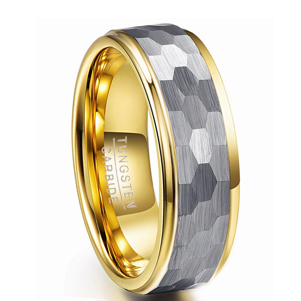 Silver-Gray Matte Hexagonal Tungsten Steel Ring with Gold-Plated Interior (8MM Wide) Men's Size