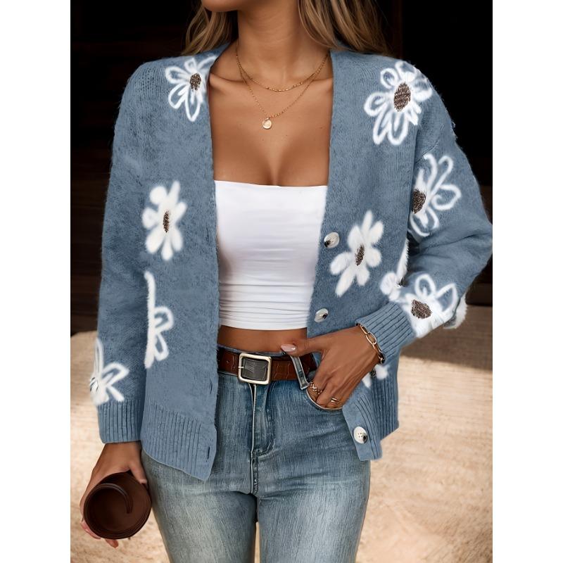 Floral Pattern Button Front Cardigan, Casual V Neck Long Sleeve Cardigan for Fall & Winter, Women's Clothing