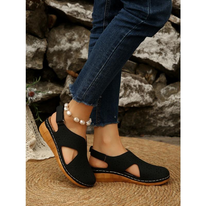 Women's Summer Breathable Hollow Velcro-Strap Wedge Peep-Toe Stitched Closed-Toe Sandals, Casual Comfort Footwear.