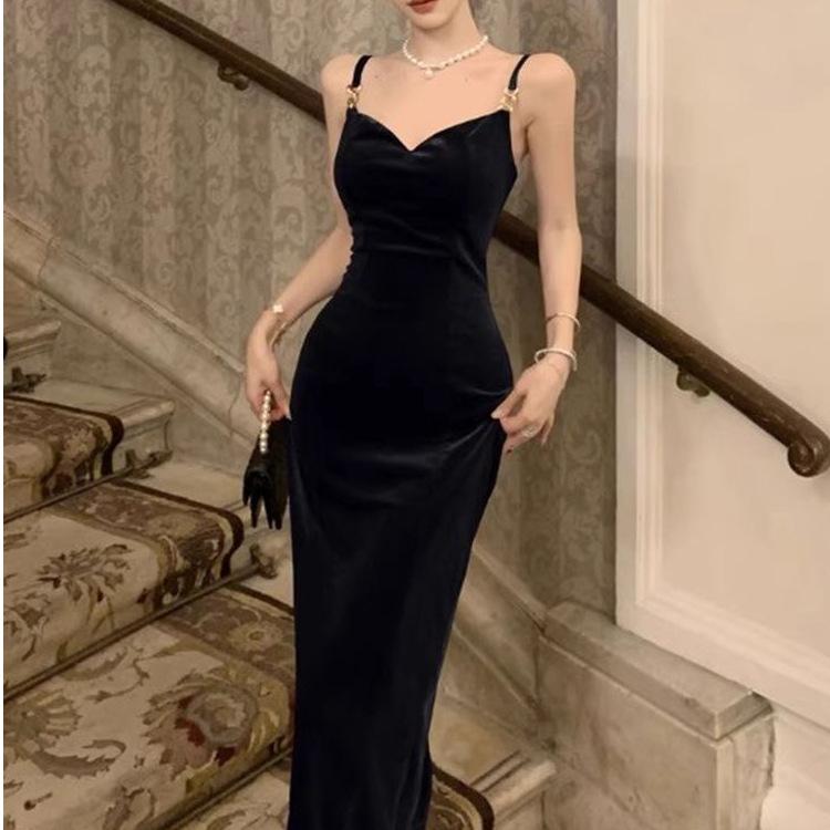 Velvet Dress Women's Morning Inside Temperament Socialite Medium and Long Suspender Skirt Pleated Waist Hip Skirt
