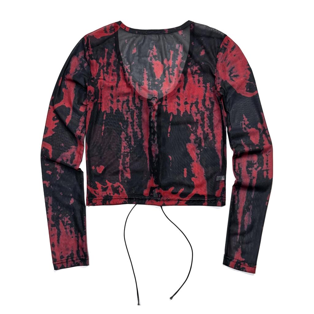 Short Sheer Dark Fairy [NAMEOF] Lace-up Top, Core, Grunge, Y2K, Women's, See-through, Red, Sexy, Cut-and-Sew