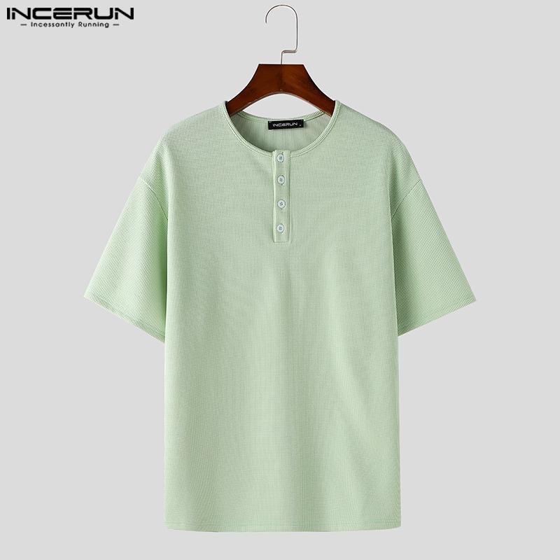 INCERUN Summer Men Short Sleeve Casual Loose Texture Henley T-shirts Tops