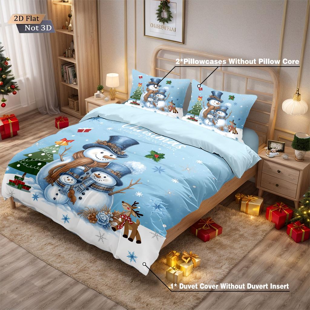 3pcs Christmas cartoon snowman print coreless duvet set multi size bedroom dormitory bedding holiday decoration machine washable