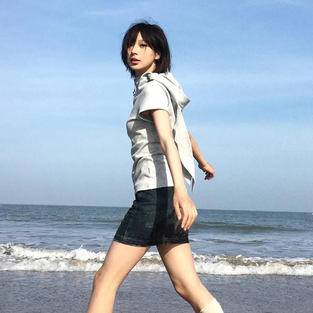 VAYLA Y2k Hooded T-shirt Vintage 2000s Style Rabbit Ears Zipper Tops Harajuku Short Sleeve Thin Jacket Korean Popular