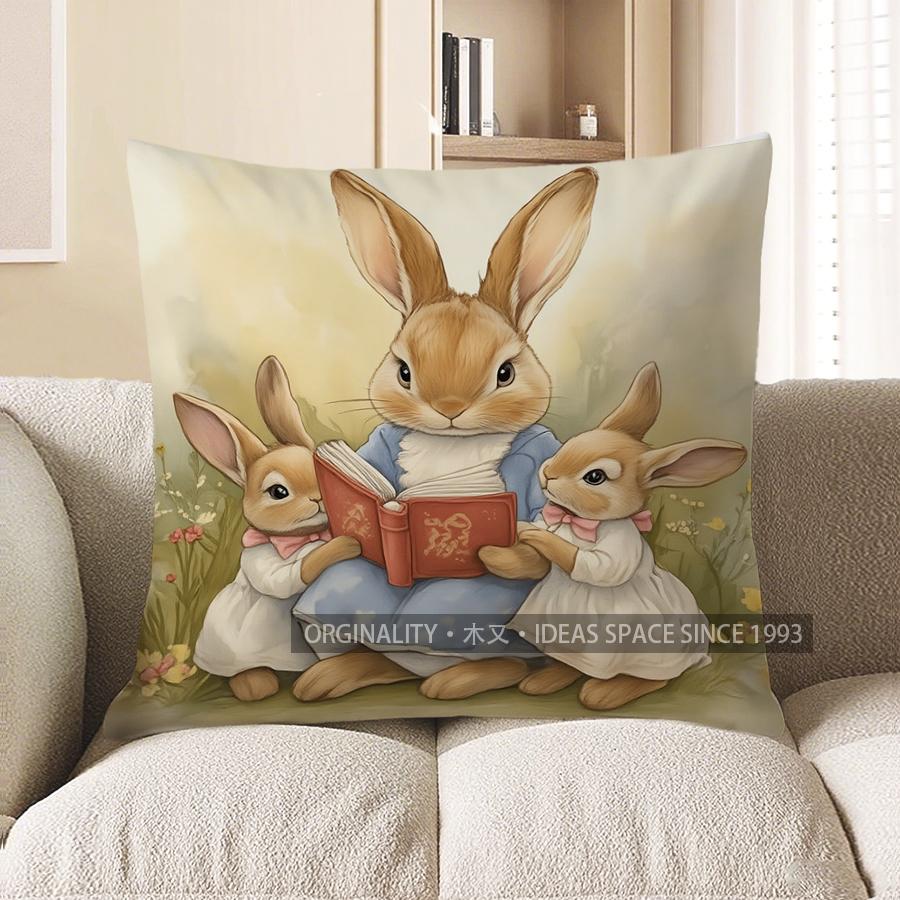 Home Decor Cute Bunny Pair Garden Scene Pillow Cover Pattern Cushion Cover Suitable For Sofa Bedroom Car Pillow Cover