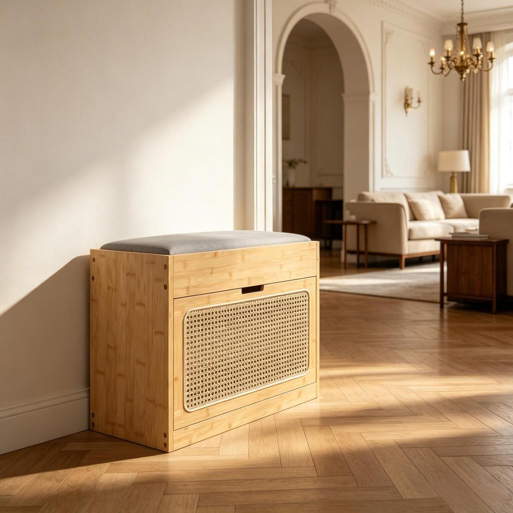 Bamboo Shoe Bench Entrance Area, Storage Bench with Seat Cushion, Rattan Door and Height-Adjustable Shelf