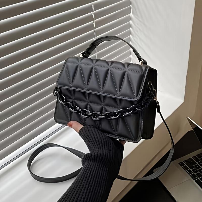 Elegant Quilted Crossbody Bag for Women, Shoulder Handbag with Adjustable Strap, Magnetic Closure, Lined, Painted Edge, Solid Black Messenger Bag