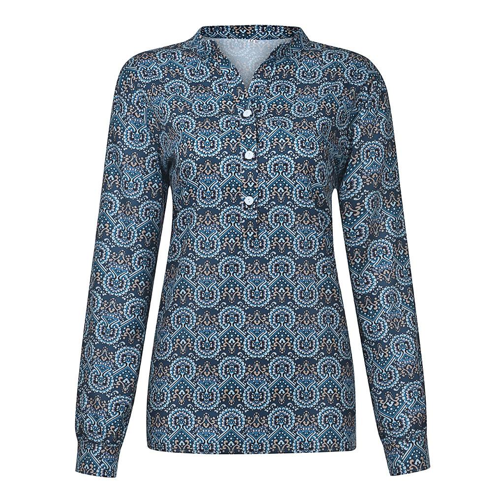 Womens Fashion Casual Button Long Sleeve Vintage Print T-Shirts Tops Blouse