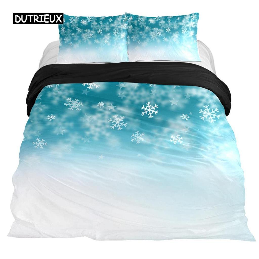 Snowflake Duvet Cover Set Winter Theme Christmas Illustration Cold Weather Season Twin Bedding Set King Size Soft Quilt Cover