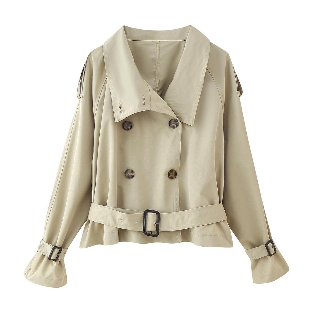 European & American Style Women's Fashion Double-breasted Stand Collar Twill Waist-cinching Short Jacket 2025