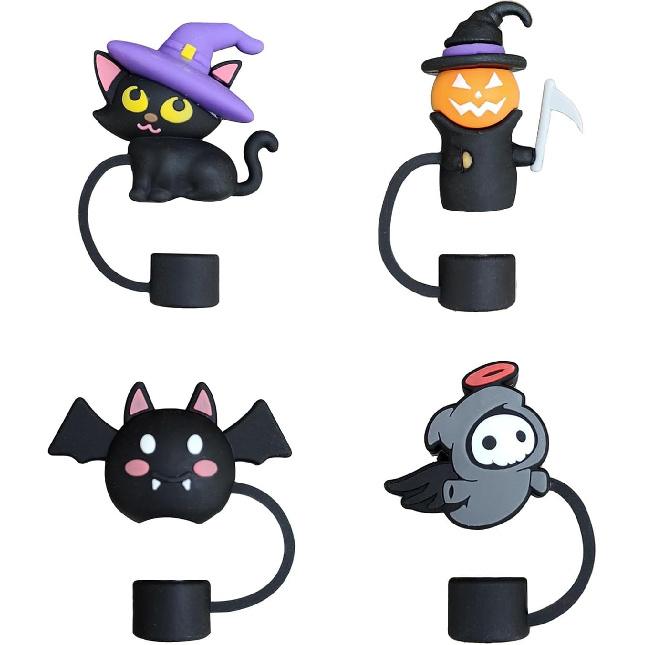 4Pcs Halloween Stanley Cup Straw Cover 10mm Bat traw Toppers Reble Silicone Straw Tip Covers Bats Shape Drinking Straw Covers Halloween Decorations