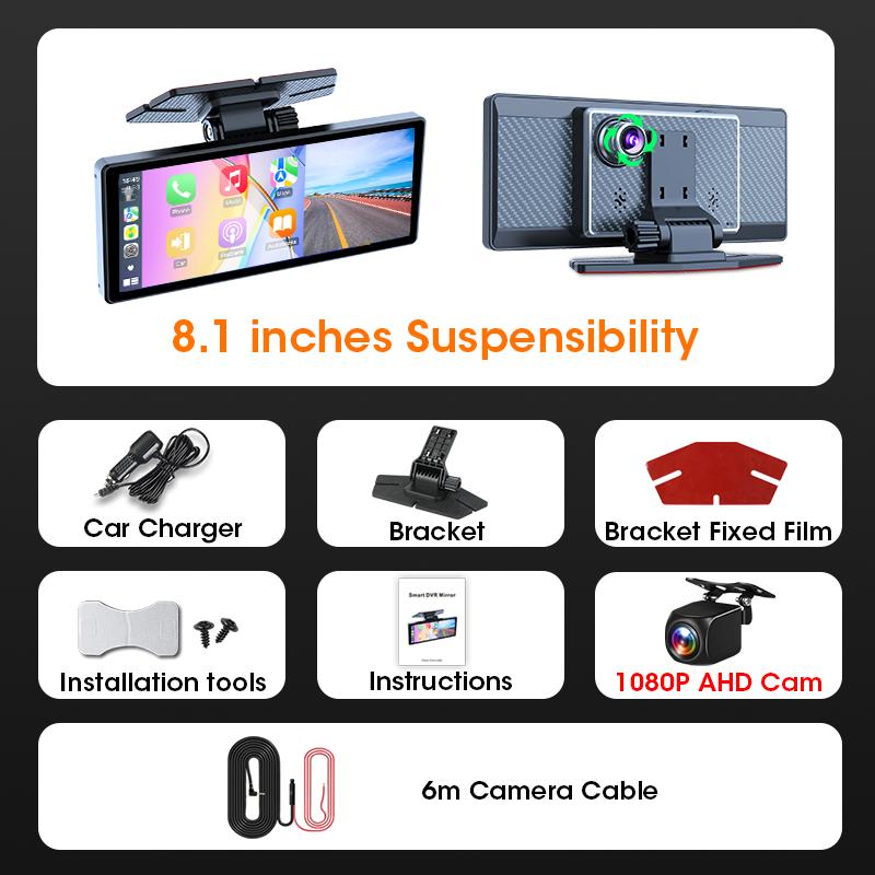 7/8.1 inch Suspended Type Wireless CarPlay Touch Screen Portable Car DVR Android Auto Dashcam GPS Navigation Rearview Camera FM