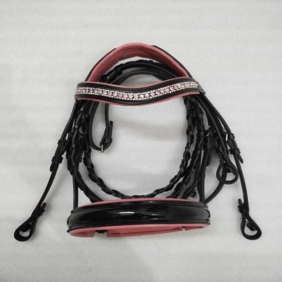 Leather Padded Comfort Bridle with Pink Color Stone & Padding Dressage Bridle .