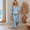Conjunto de Algodón y Lino para Mujer, Verano, Cuello en V, Corte Holgado y Cintura Elástica, Pantalones Palazzo de 2 Piezas, Conjunto Casual Cómodo de Top y Pantalones de Pierna Ancha para el Hogar