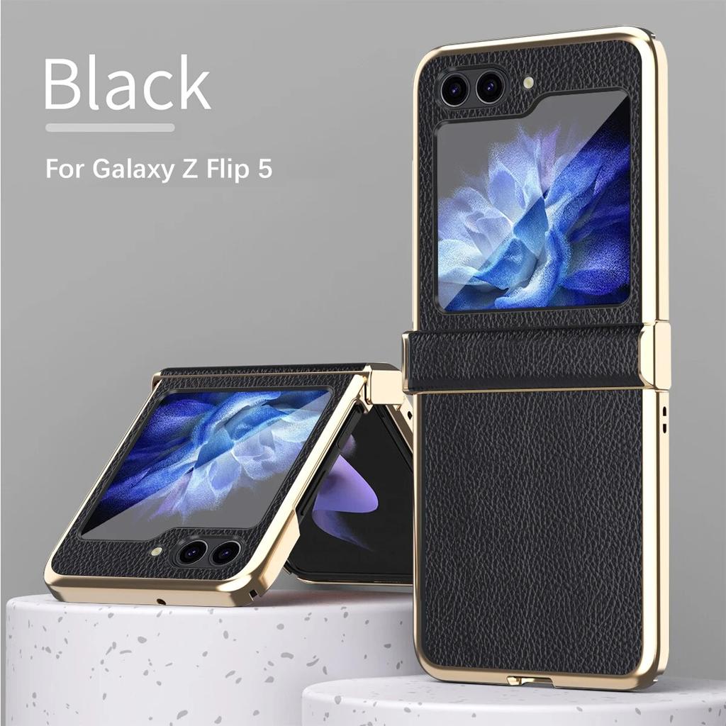 Lychee Leather Phone Case for Samsung Galaxy Z Flip5 Flip4 Flip3 Luxury Plating Shockproof Back Protection Cover