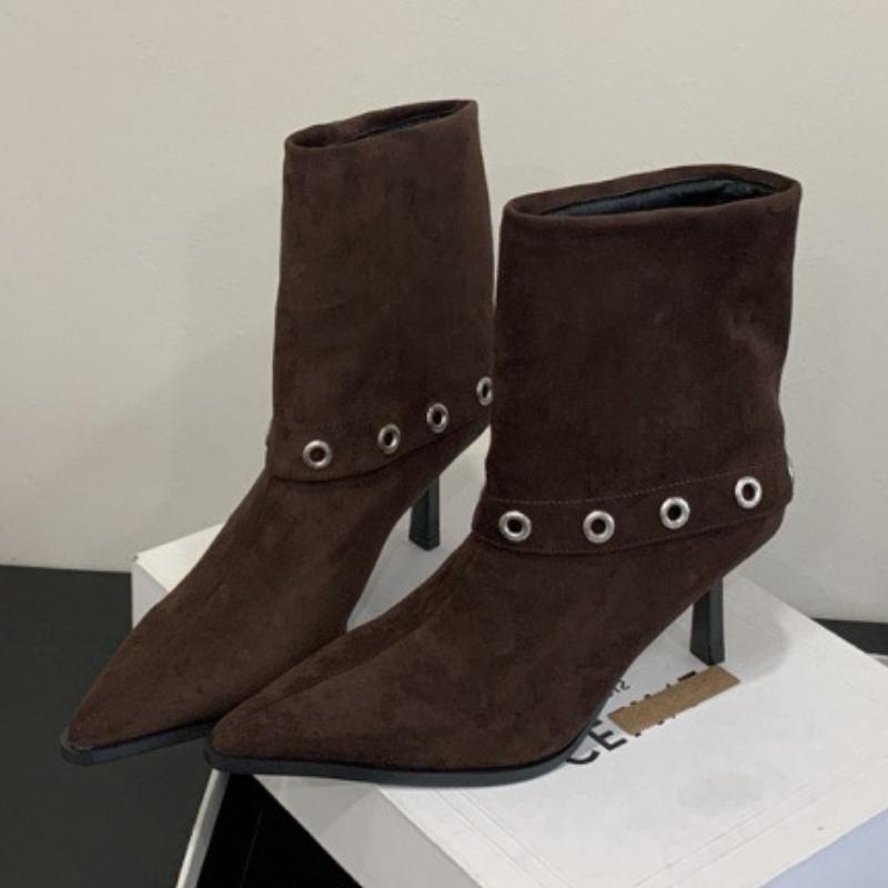 

Fashion Elegant Pointed Toe Thin Heel Ankle Boots Women Fashion Metal Rivet Decoration Designer Boots High Quality Cozy Faux Suede Boots 35 чёрный