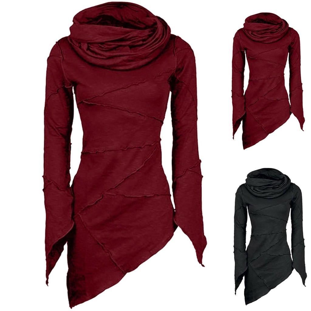 Damen Slim Einfarbig Rollkragen Schalkragen Asymmetrische Ärmel Schräger Saum Tops Bluse