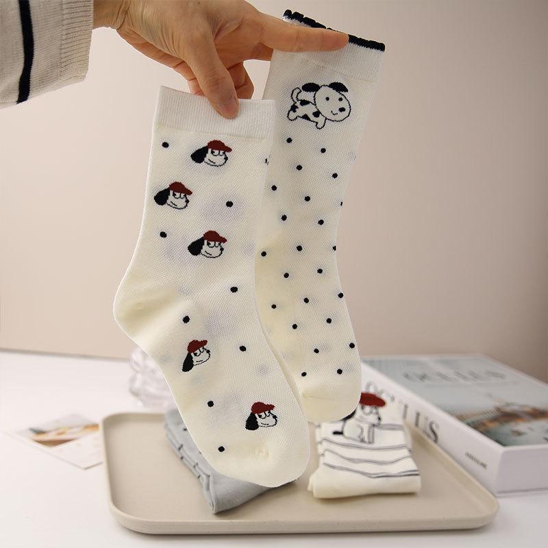 Dongdaemun Cartoon Puppy Mid-Tube Socks For Women, Breathable Thin Boneless With Small Leather Shoes And Cotton Socks