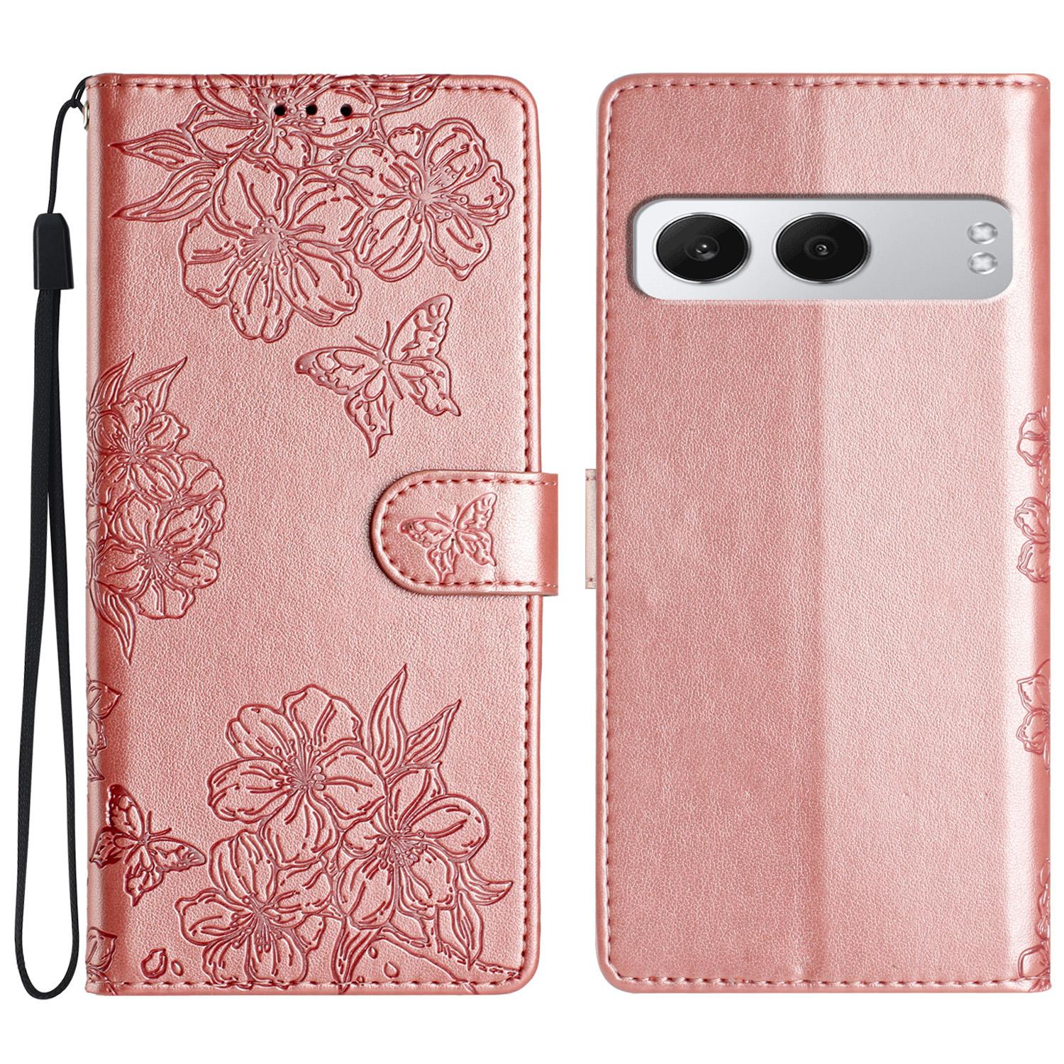 

For OnePlus Nord 4 Case Butterfly Flower Drop-Proof PU Leather Wallet Phone Cover Rose Gold