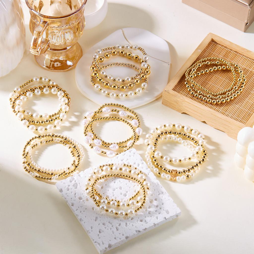 Vintage Handmade Gold Bead And Imitation Pearl Elastic Bracelet Set For Women Boho Party Fashion Jewelry