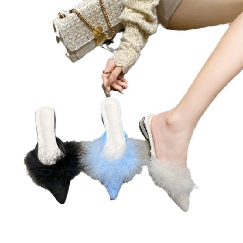 Pointed-toed fluffy shoes wearing bag-headed slippers for women's spring and autumn new large-size thick-heeled lazy half-slippers
