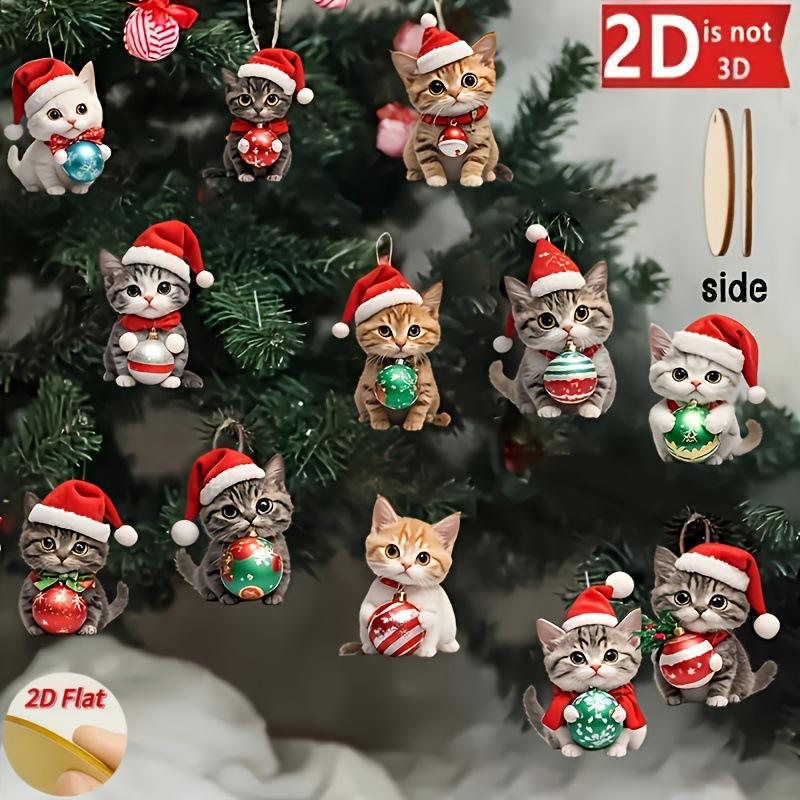 12Pcs Cartoon 2D Flat Christmas Cat Wooden Pendant Ornament Christmas Tree Hanging Decoration  Year Party Home Decoration
