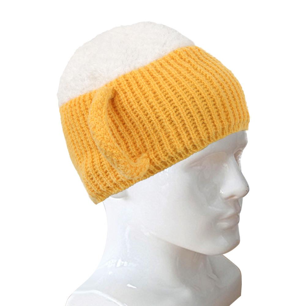Trendy 3d Beer Cup Knitted Beanie Hat For Winter Warmth In Yellow Wine Red And Khaki