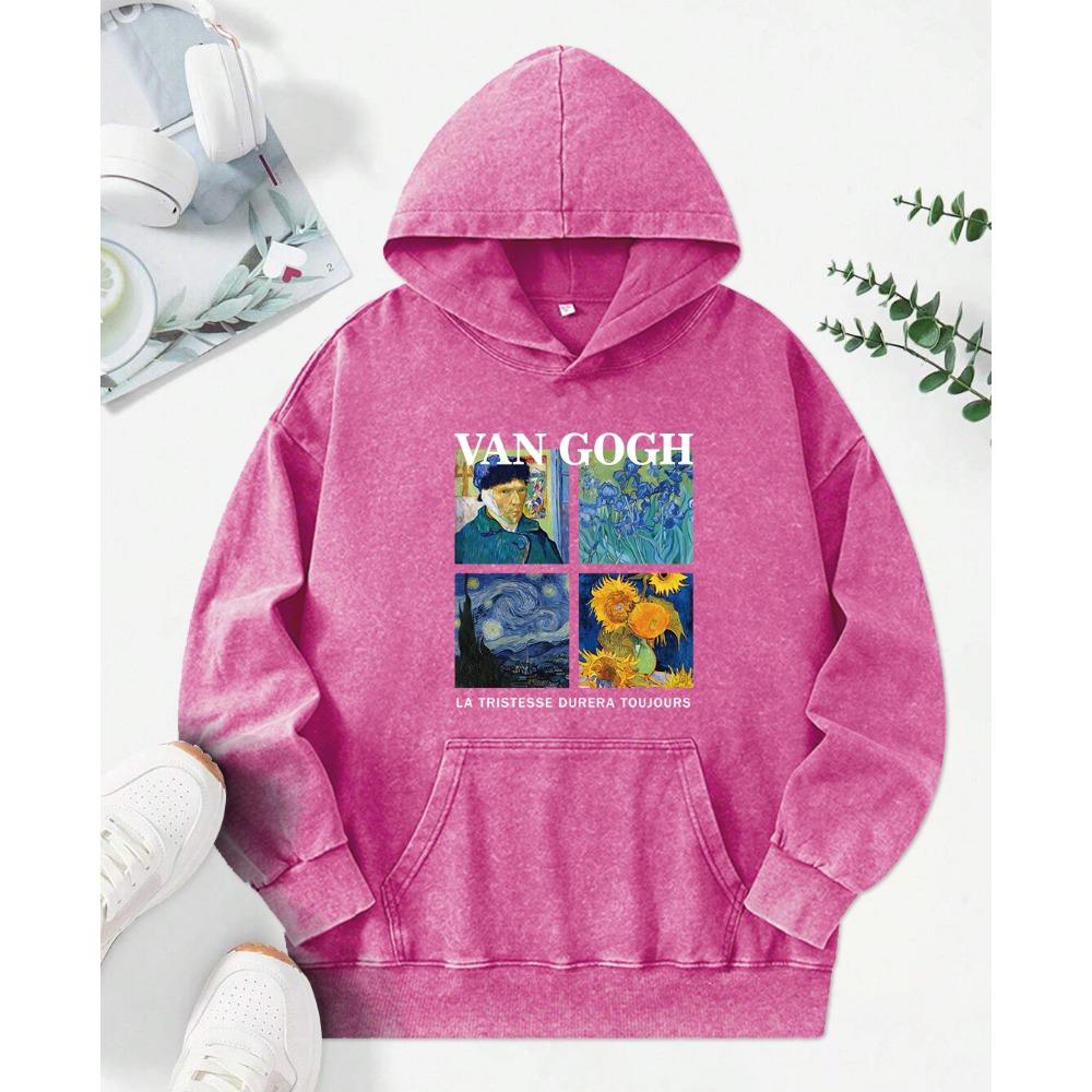 Sunflower Oil Painting Illustration Printing Washed Hoodie Women Comics Hoody Vintage Clothes Autumn Cotton Sportswear
