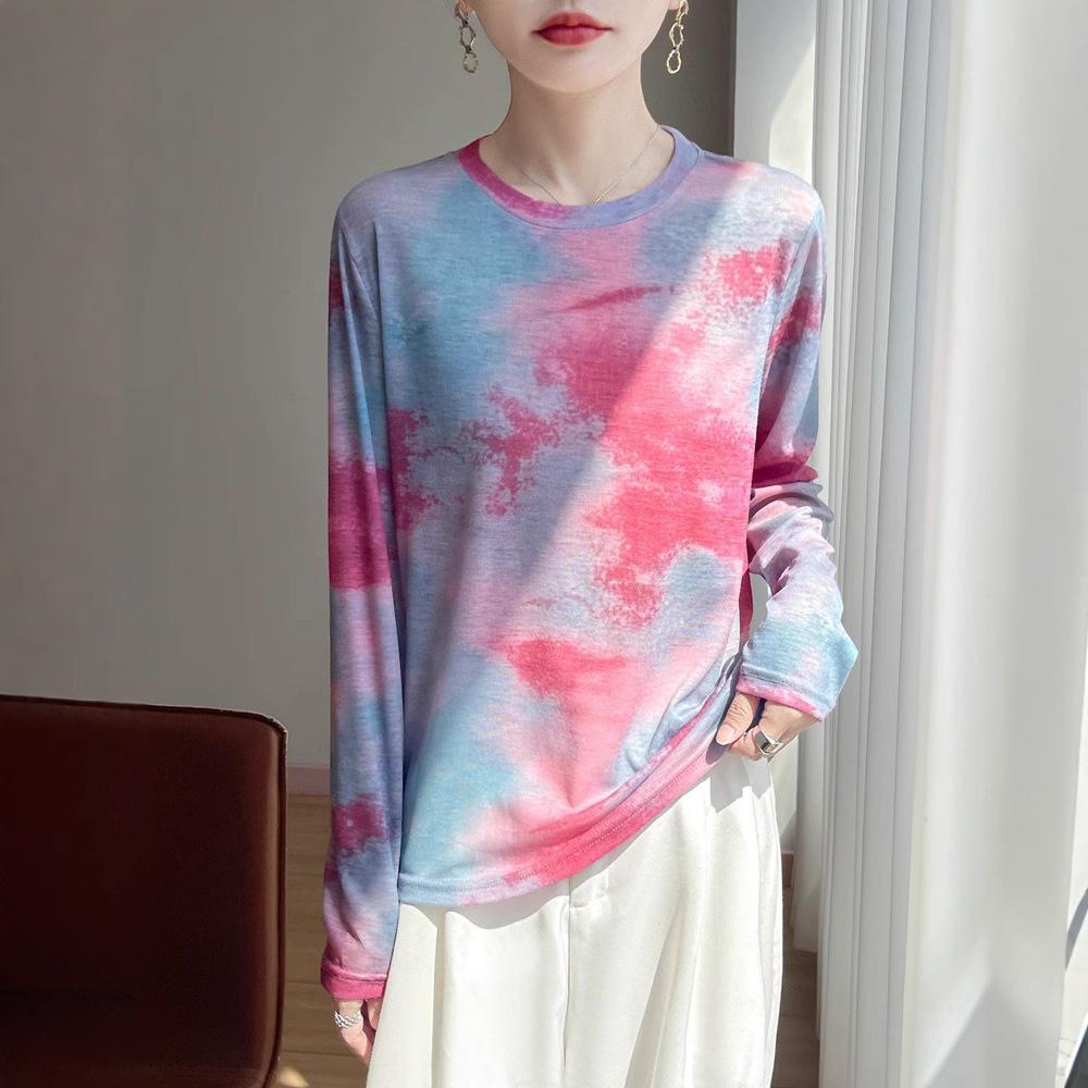 Spring/Summer New Style Round-neck Knitted Sweater Long-Sleeve Women's Printed Multi-color Loose-Fitting Base Layer Shirt