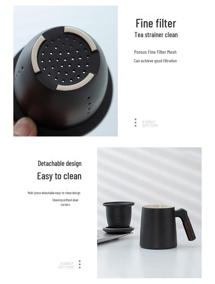 Ceramic Tea Brewing Mug with Wooden Handle, Lid, and Filter - Large Capacity Office Souvenir Cup
