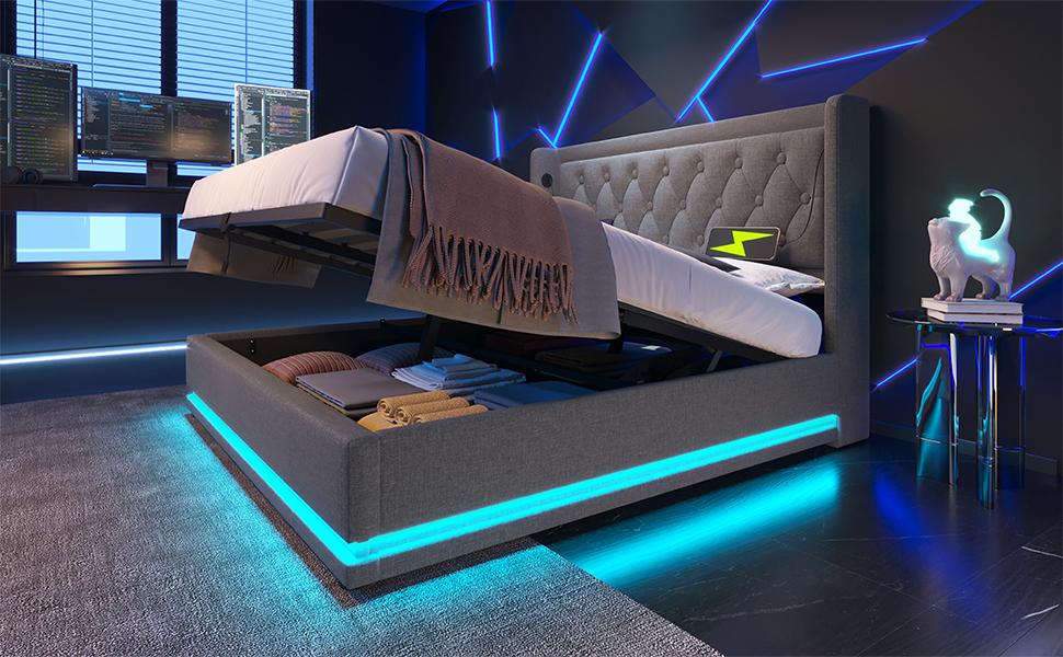Gepolstertes Doppelbett 160*200 cm, graues Baumwoll-Hydraulik-Stauraumbett, Kopfteil mit USB Typ-C Ladefunktion, 3-seitige LED (Matratze nicht enthalten)