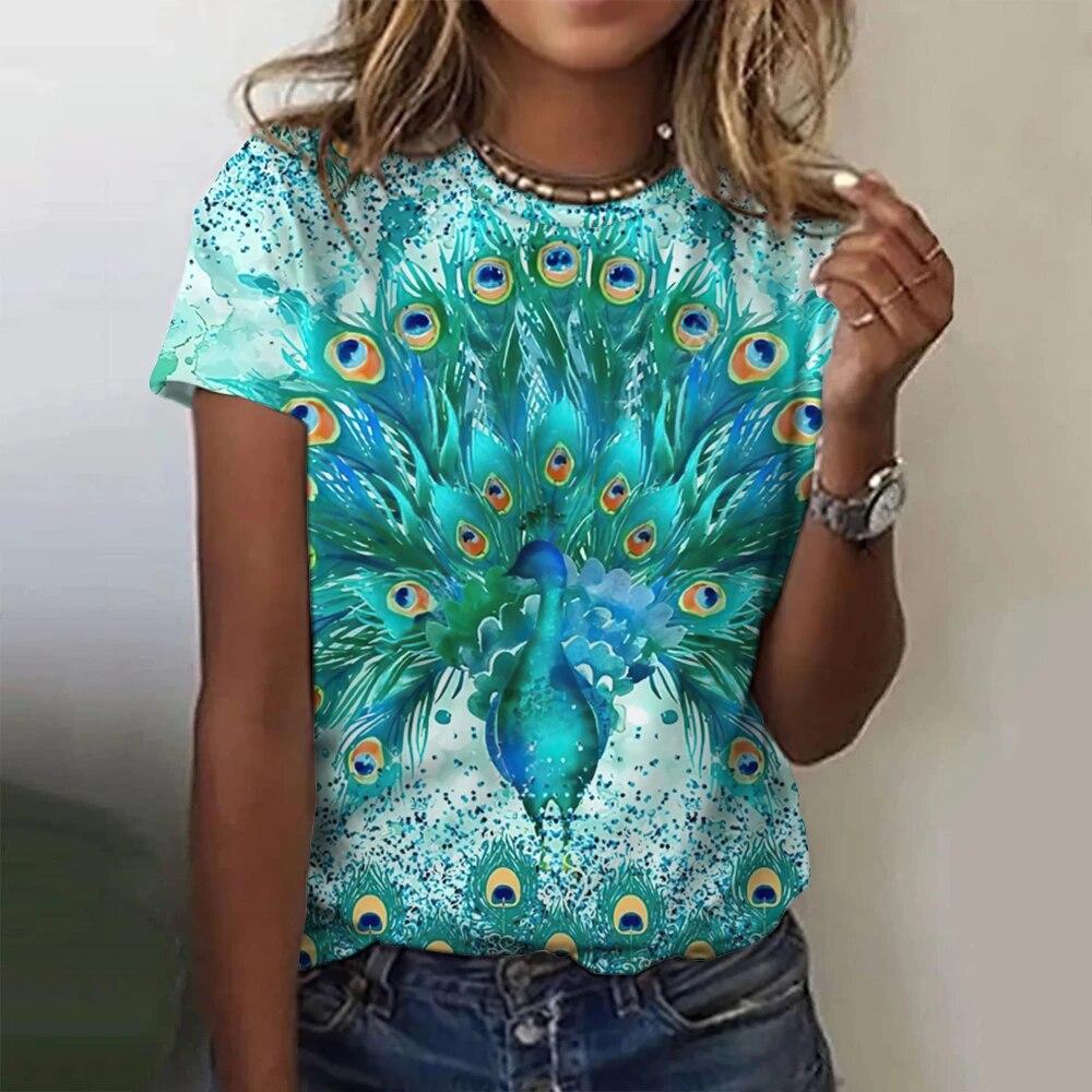 Summer casual peacock feathers 3D printed Women's short sleeved round neck T-shirt street clothing fashionable