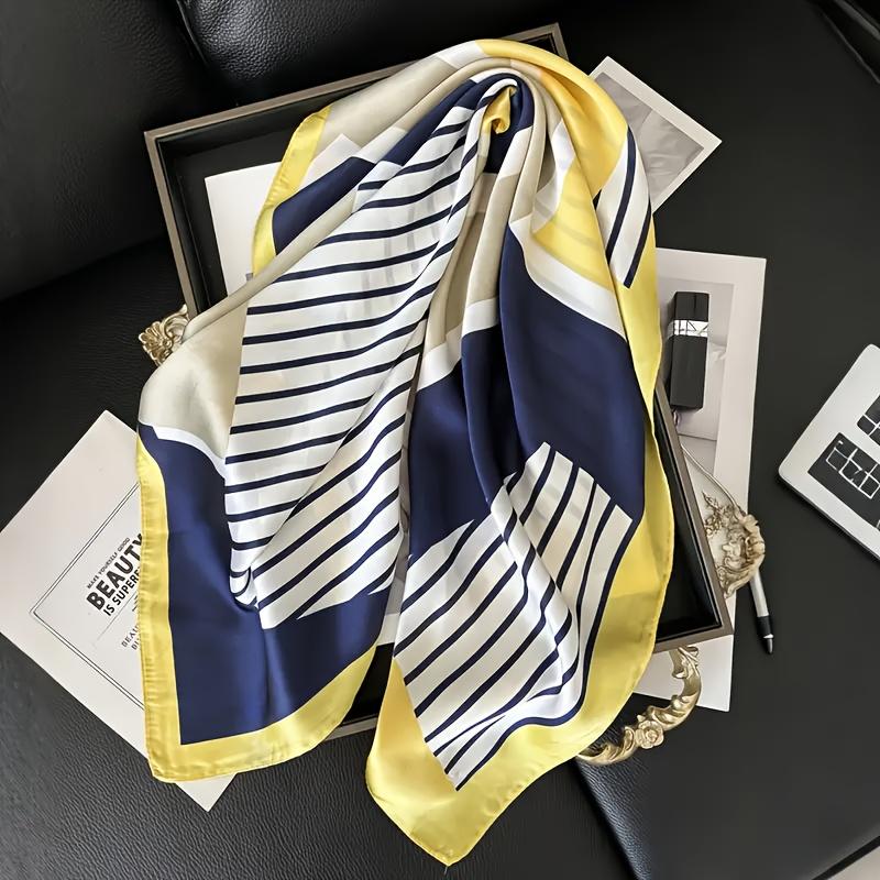 1Pc Elegant Navy Blue, White, And Yellow Striped Square Scarf - Breathable Polyester Material, Perfect As A Headband, Shawl, And Hair Accessory Yellow-green stripes
