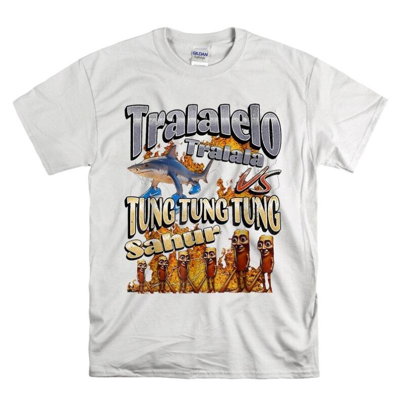 Tralalelo Tralala Vs TUNG TUNG TUNG Sahur Battle Tee Flame Shark Vs Stickman Crew Graphic Bold Statement Streetwear Fashion S