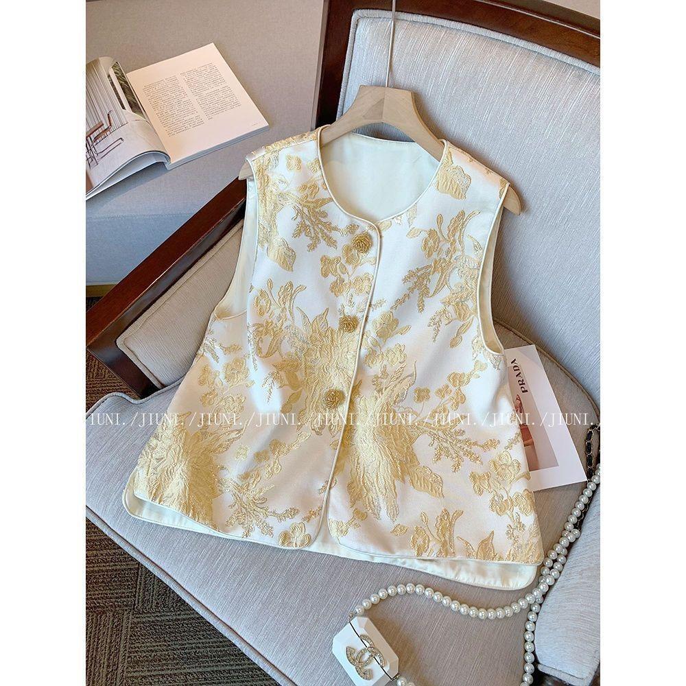

2025 новый высококлассный темпераментный жилет короткий топ золотой жаккард весенне-осенний жилет 3XL (recommended 138-75 kg)