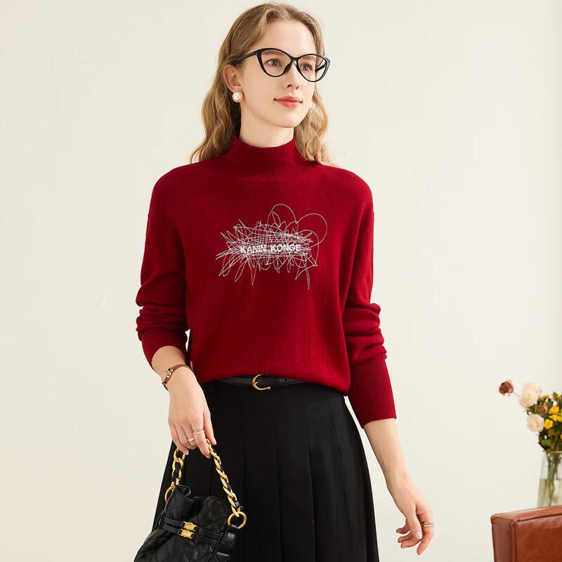 TUHUANG Women's 100% Pure Wool Embroidered Half-High Collar Sweater