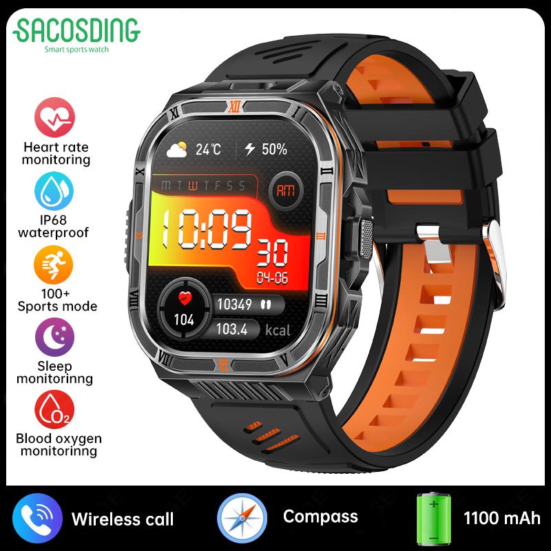 New 1100mAh Battery Outdoor Ultra Durable Men Smartwatch Flashlight Heart Rate Bluetooth Call IP68 Waterproof Sports Smart Watch