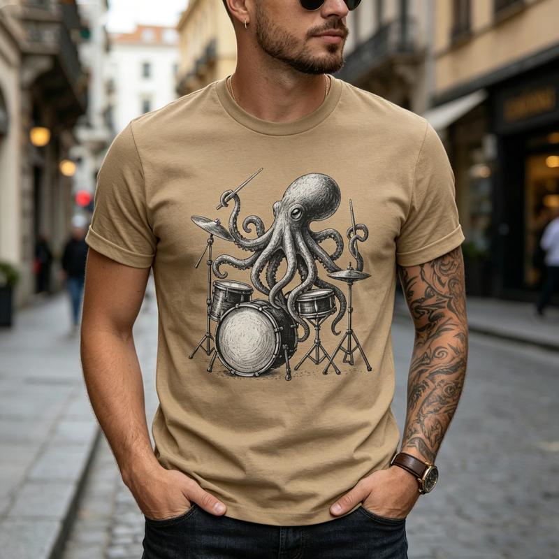 Octopus Playing Drums Graphic Tshirt for Unisex Unisex Vintage Rock Band Tee Casual Short Sleeve Top