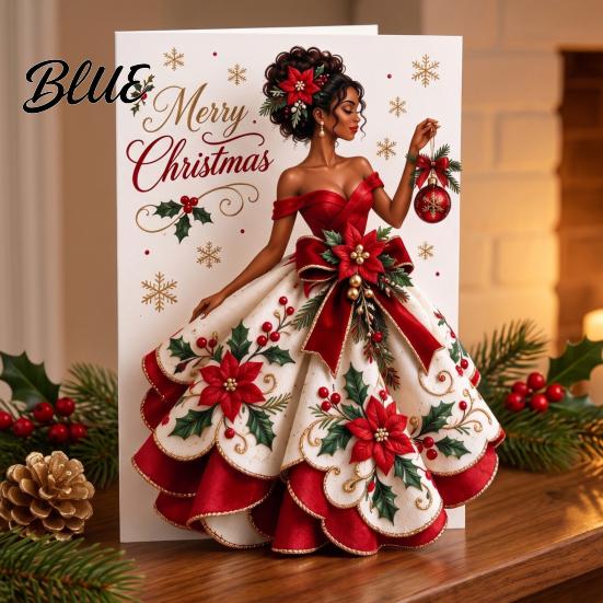 Elegant Angel Art Greeting Cards 3D Christmas Card Pop Up Holiday Blessing Poinsettia Three Dimensional Keepsake Snowflake Dress Seasonal Lady Xmas