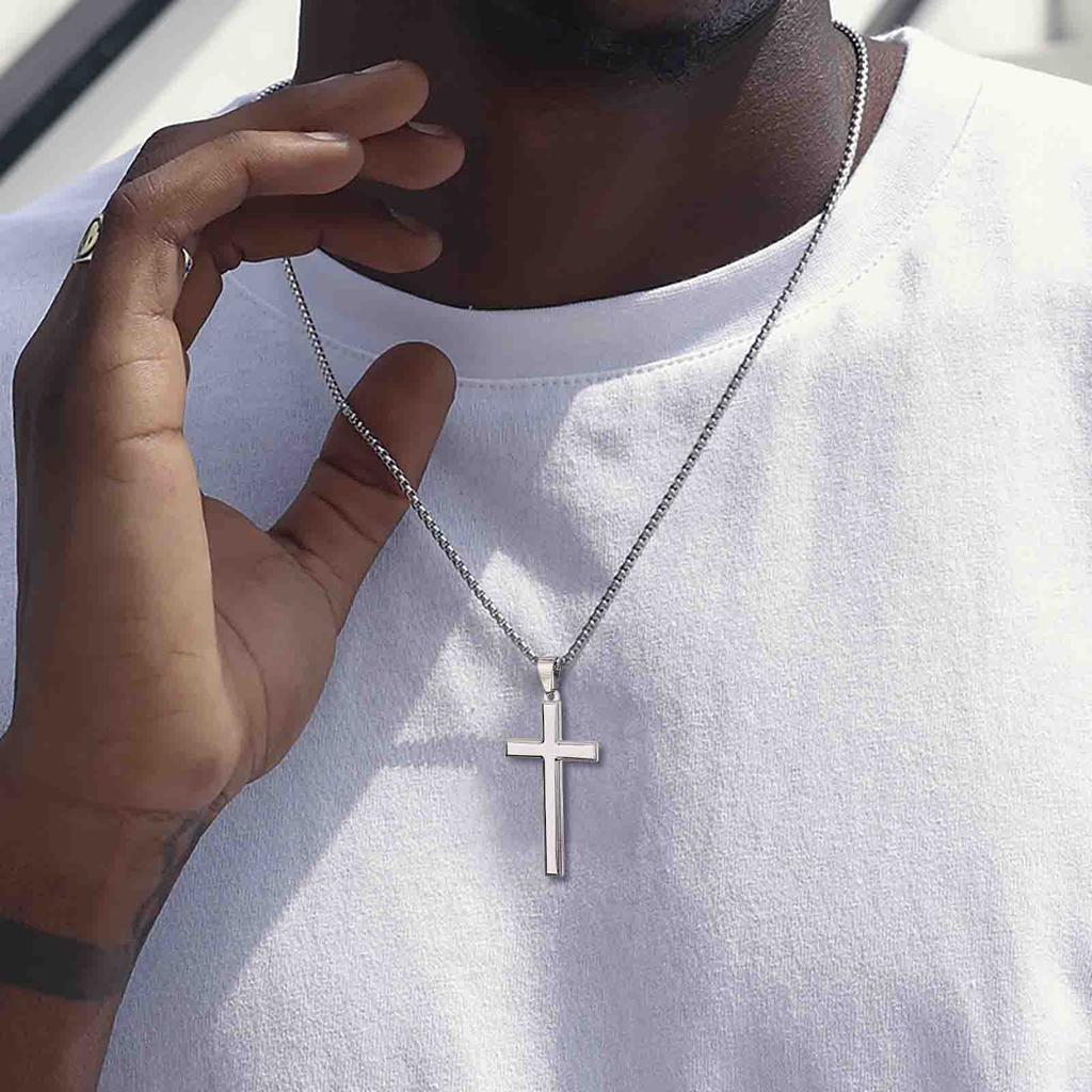 Vnox Simple Mens Cross Pendant Necklaces, Classic Stainless Steel Plain Cross Collar Necklaces