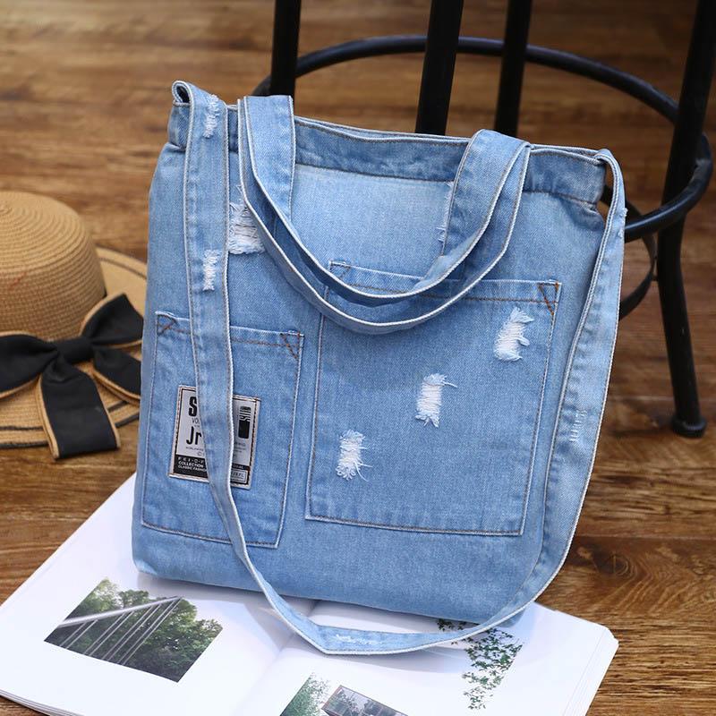 

Fashion Women Denim Shoulder Bag Cowgirl Handbag Female Shopping bag Lady Ripped Jeans Design School Books Bag Casual Totes